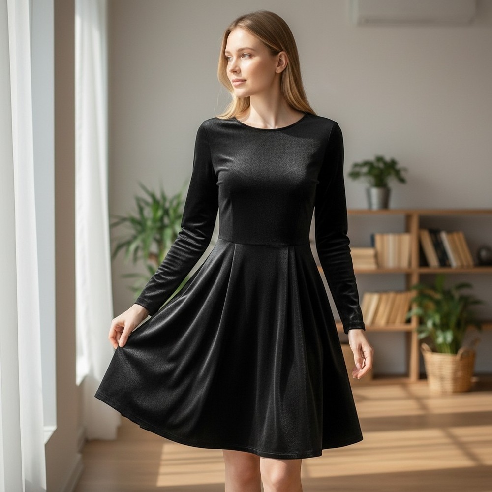 Chigant Velvet Dress Long Sleeve Fit Flare Black S Skater Goth Holiday‎ Cocktail